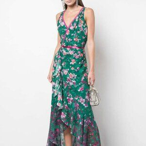 Marchesa Notte V-Neck Printed Burnout Chiffon Gown